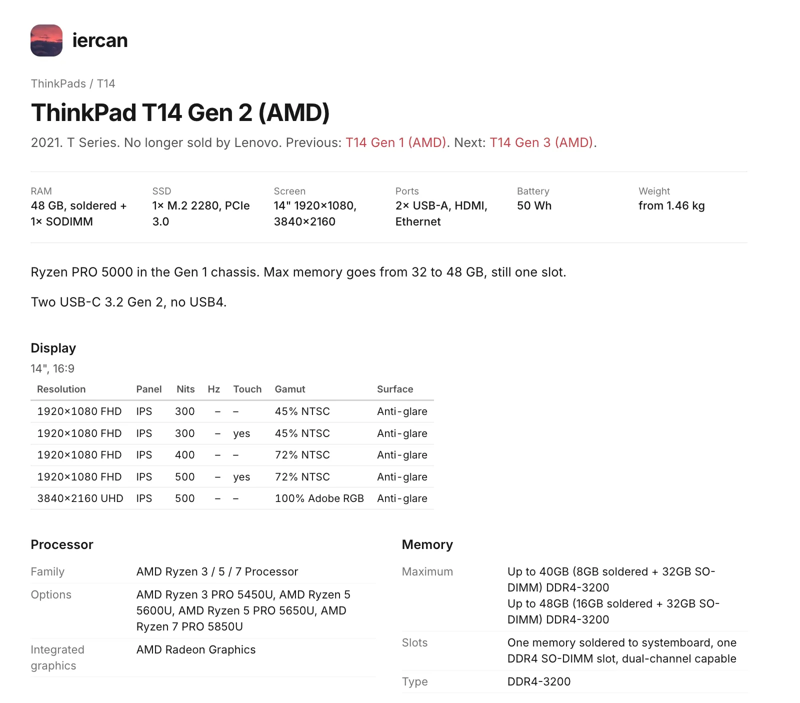 T14 spec page