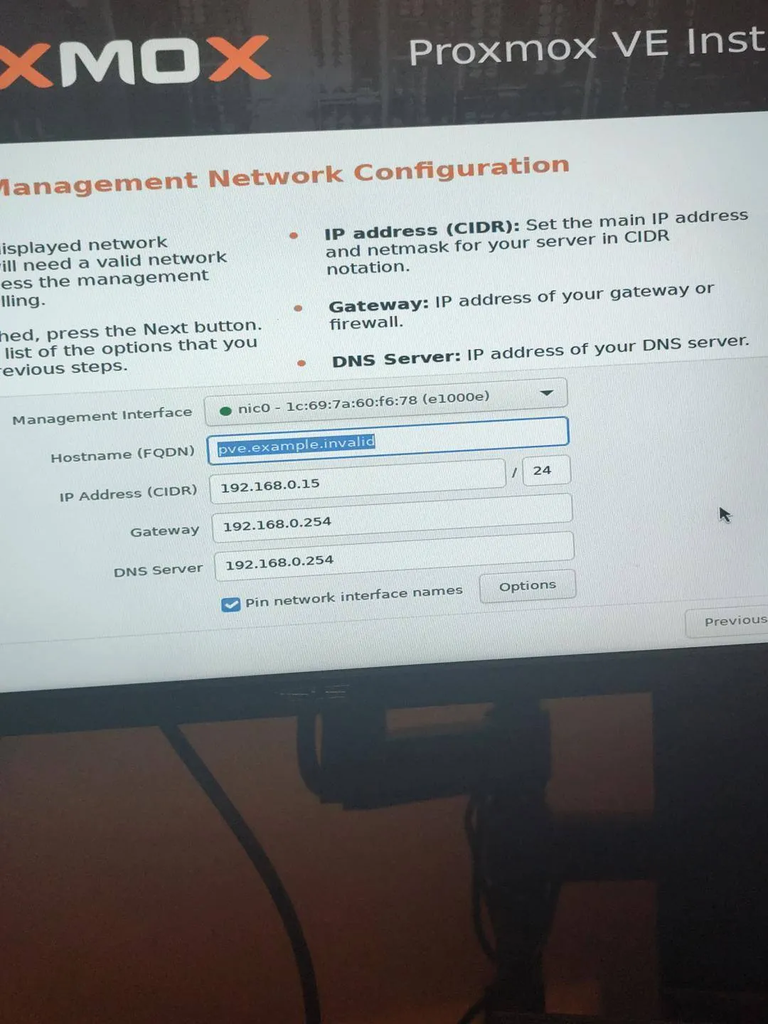 The Proxmox installer’s network screen, with the server at 192.168.0.15