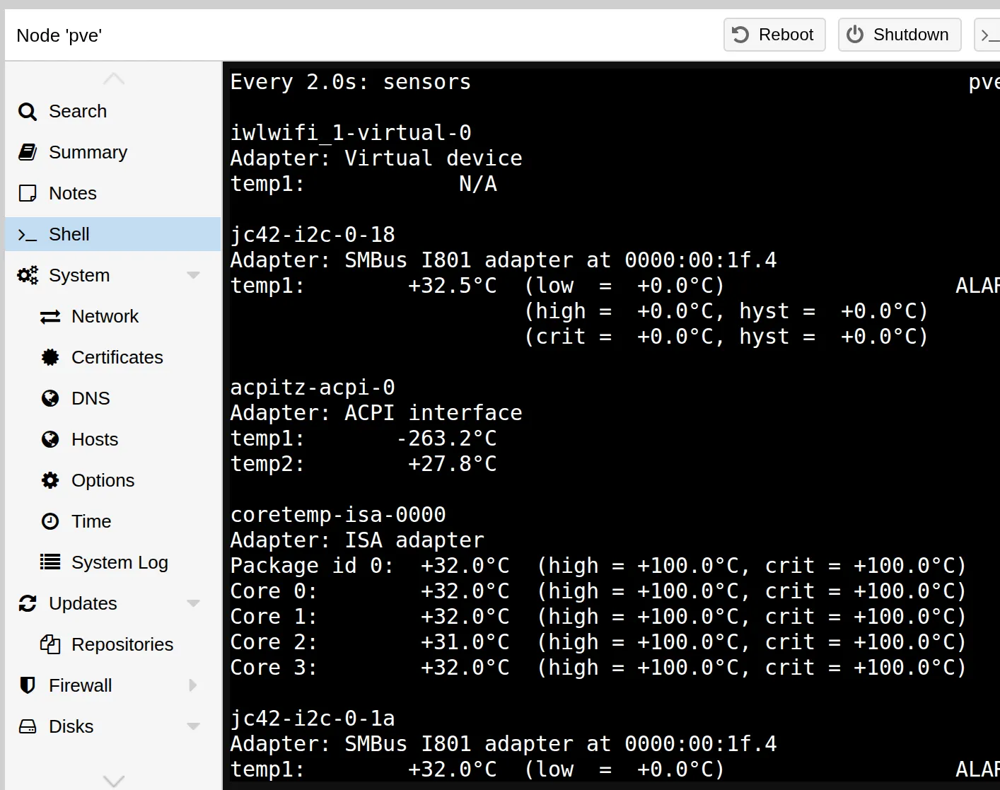 The sensors output in the Proxmox shell: CPU package and cores at 31 to 32 °C