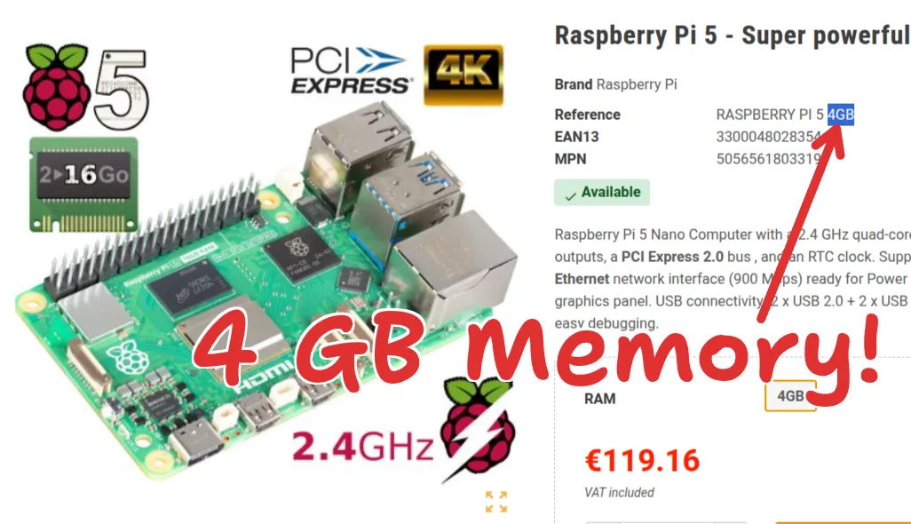 A Raspberry Pi 5 with 4 GB of memory listed at €119.16